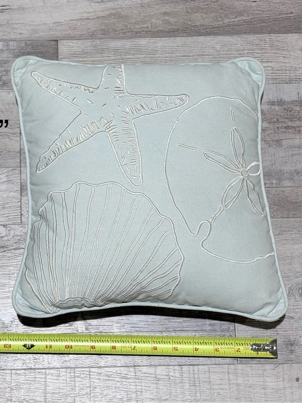Coastal Embroidered Starfish & Shell Accent Pillow - Light Seafoam